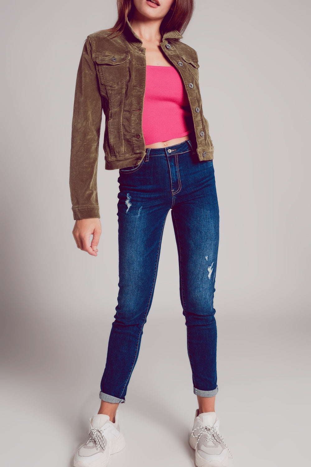 Khaki cropped cord jacket - Jackets