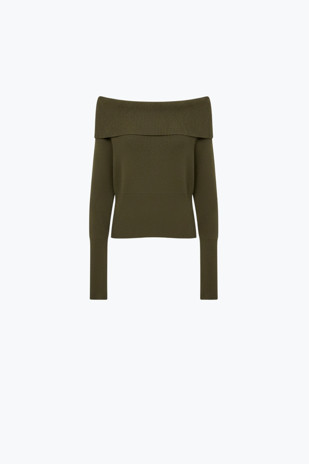 khaki fine ribbed knit sweater with wide boat neck -