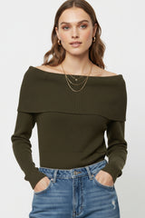 khaki fine ribbed knit sweater with wide boat neck