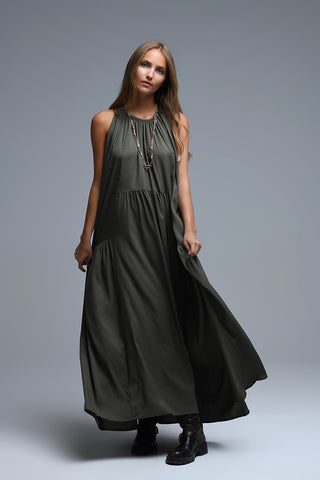 Khaki Halter Neck Maxi Dress With Seam Detailing