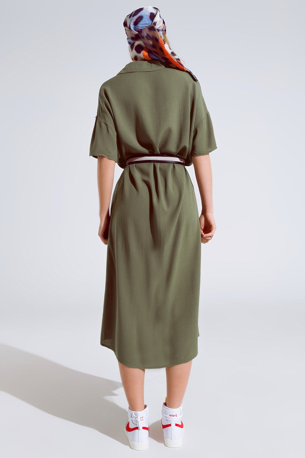 Khaki Midi Button Down Dress With Short Sleeves and Matching Belt - Dresses