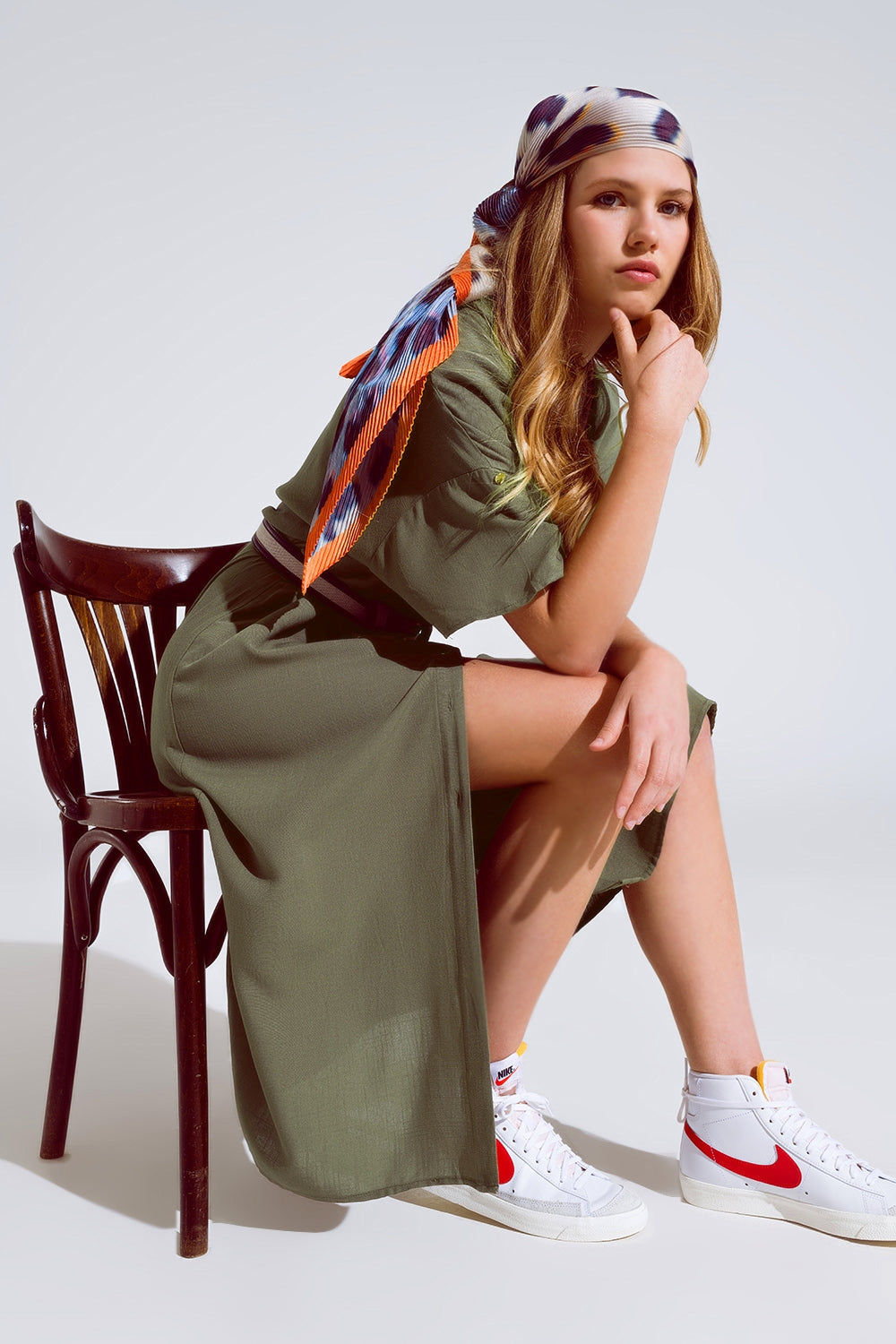 Khaki Midi Button Down Dress With Short Sleeves and Matching Belt - Dresses