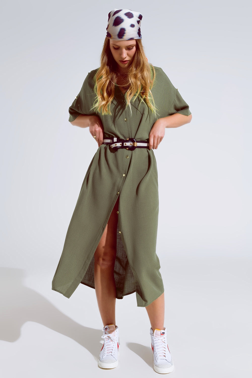 Khaki Midi Button Down Dress With Short Sleeves and Matching Belt - Dresses