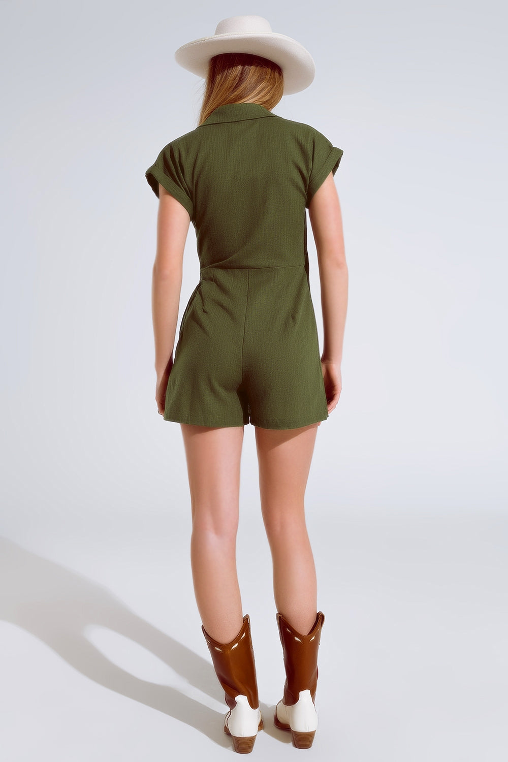 Khaki playsuit With Tie Closing At The Side - Dresses