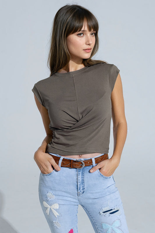 Khaki short-sleeved top crossed at the bottom front - Tops