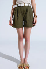 Khaki Shorts With Pockets And Elastic Waist