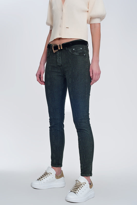 Khaki super skinny reversible pants with snake print - Trousers