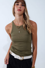 Khaki Tight-fitting swimmer-type T-shirt with round neckline and straps