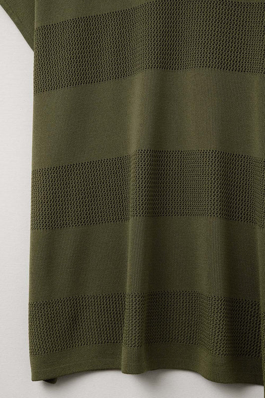 Khaki V-neck knit sweater with open stitch detail - Jumpers