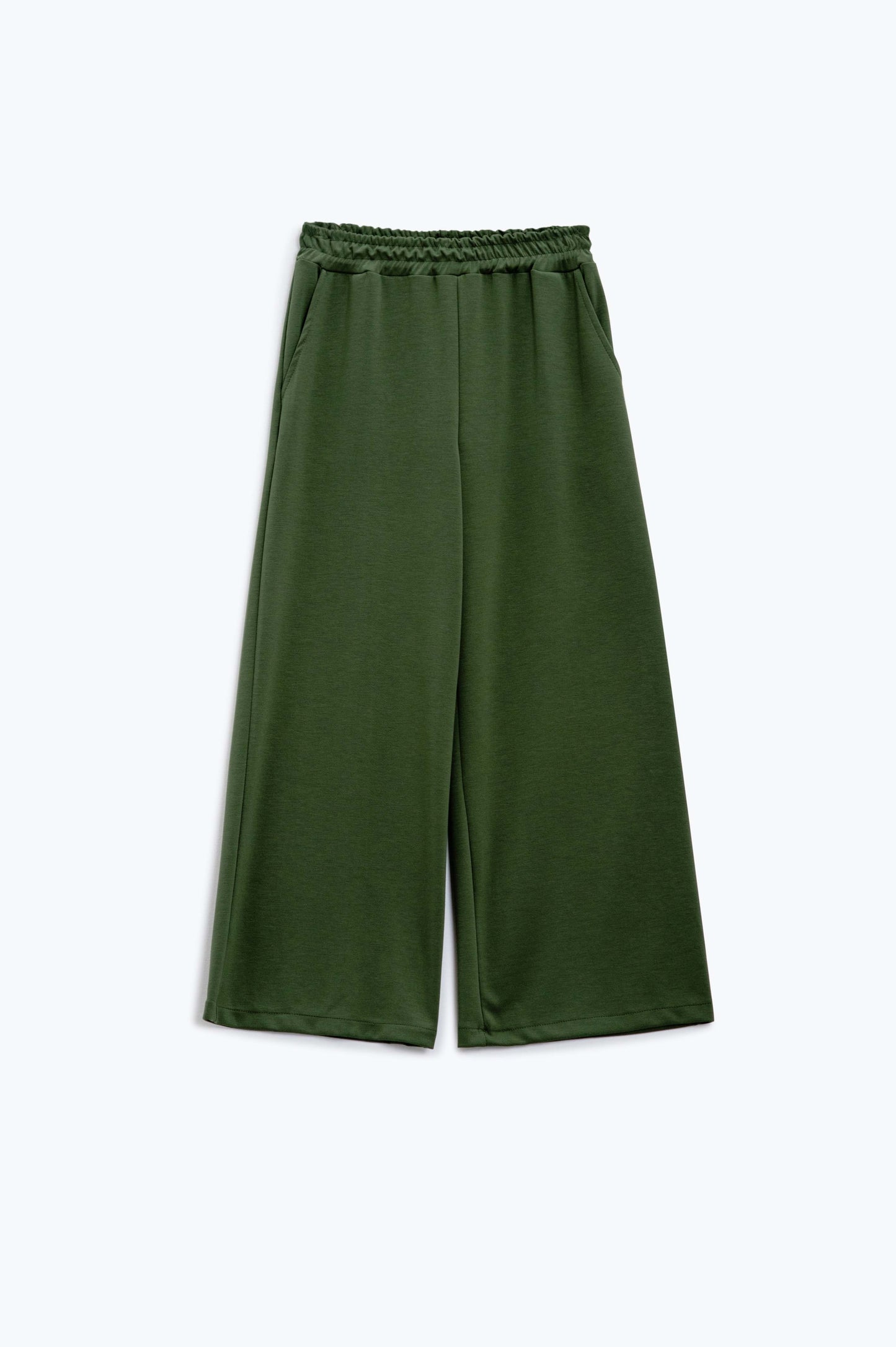 Khaki wide leg pants with elastic waistband inside - Trousers