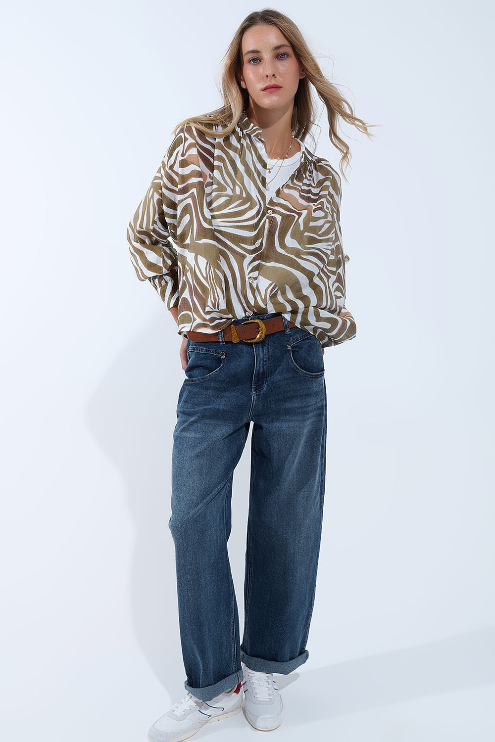khaki zebra print flowy chiffon blouse - Shirts