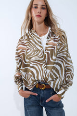 khaki zebra print flowy chiffon blouse