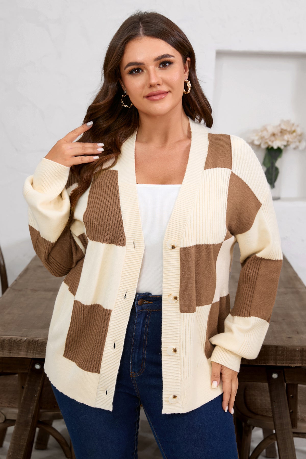 Khaki Checkered Ribbed Texture Knit Plus Size Cardigan Sweater Khaki 52%Viscose+26%Polyester+22%Polyamide - Plus Size/Plus Size Sweaters & Cardigans