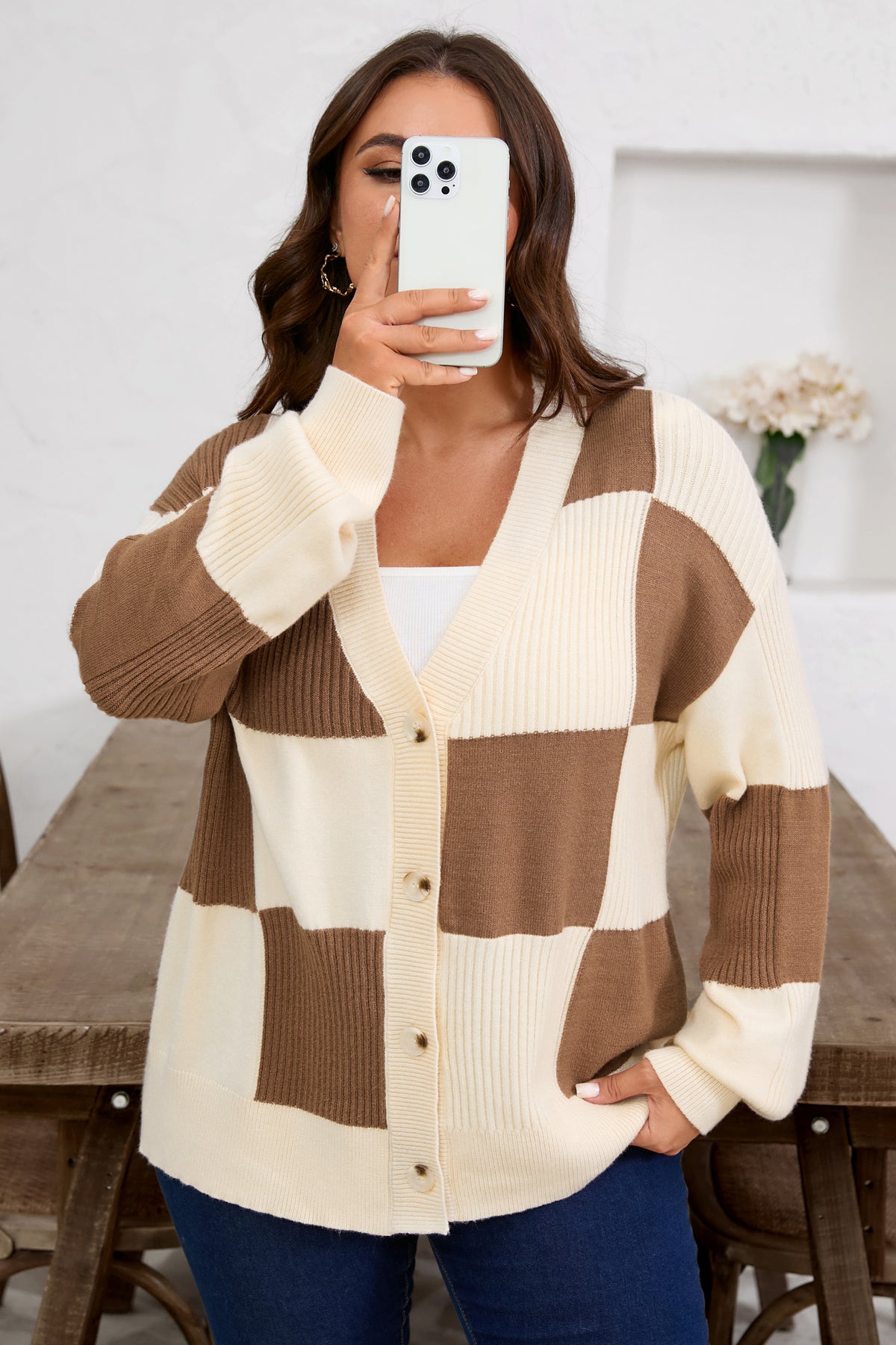 Khaki Checkered Ribbed Texture Knit Plus Size Cardigan Sweater - Plus Size/Plus Size Sweaters & Cardigans
