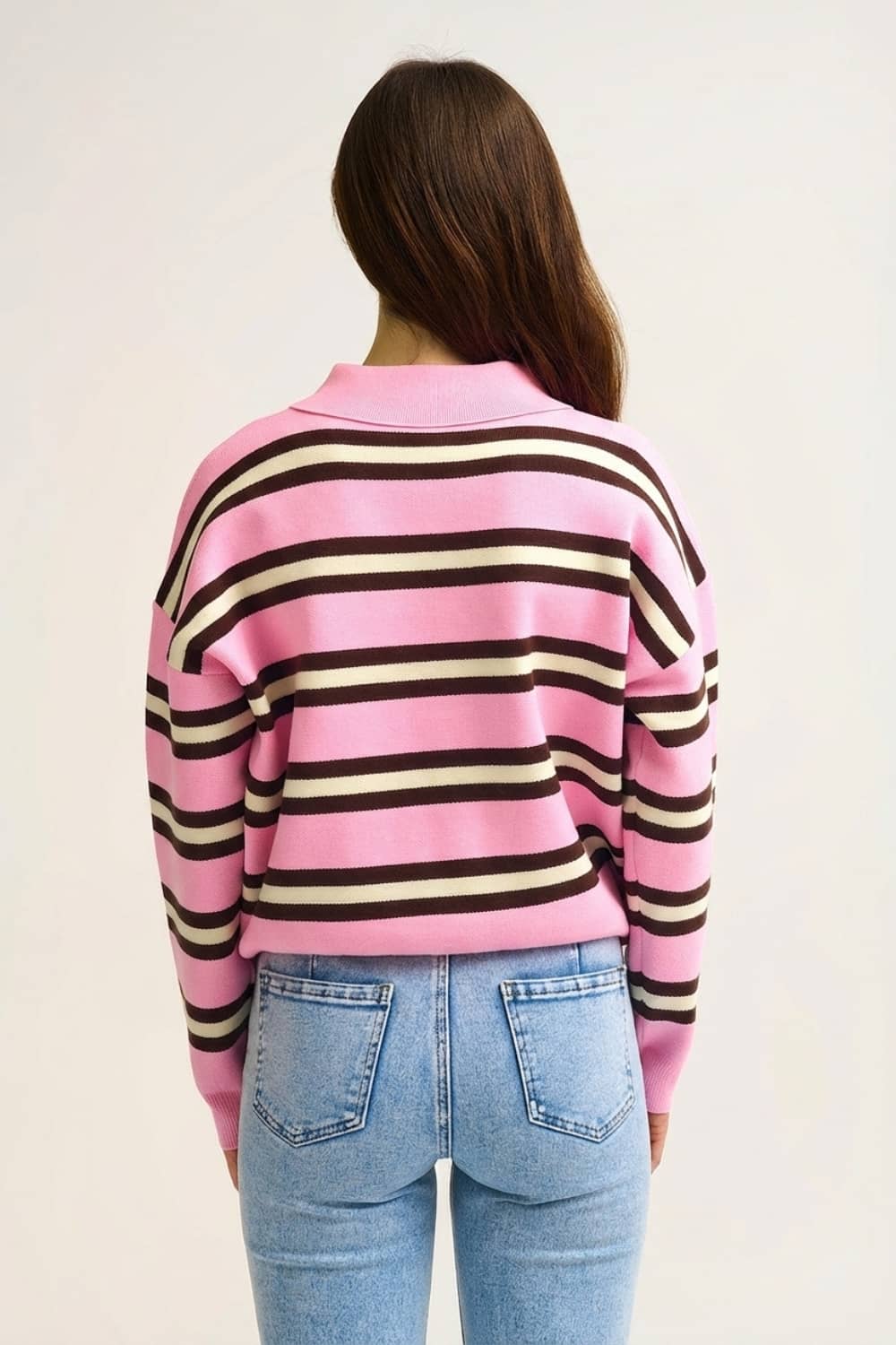 Pink Striped Knit Polo Sweater with Relaxed Fit - Polos