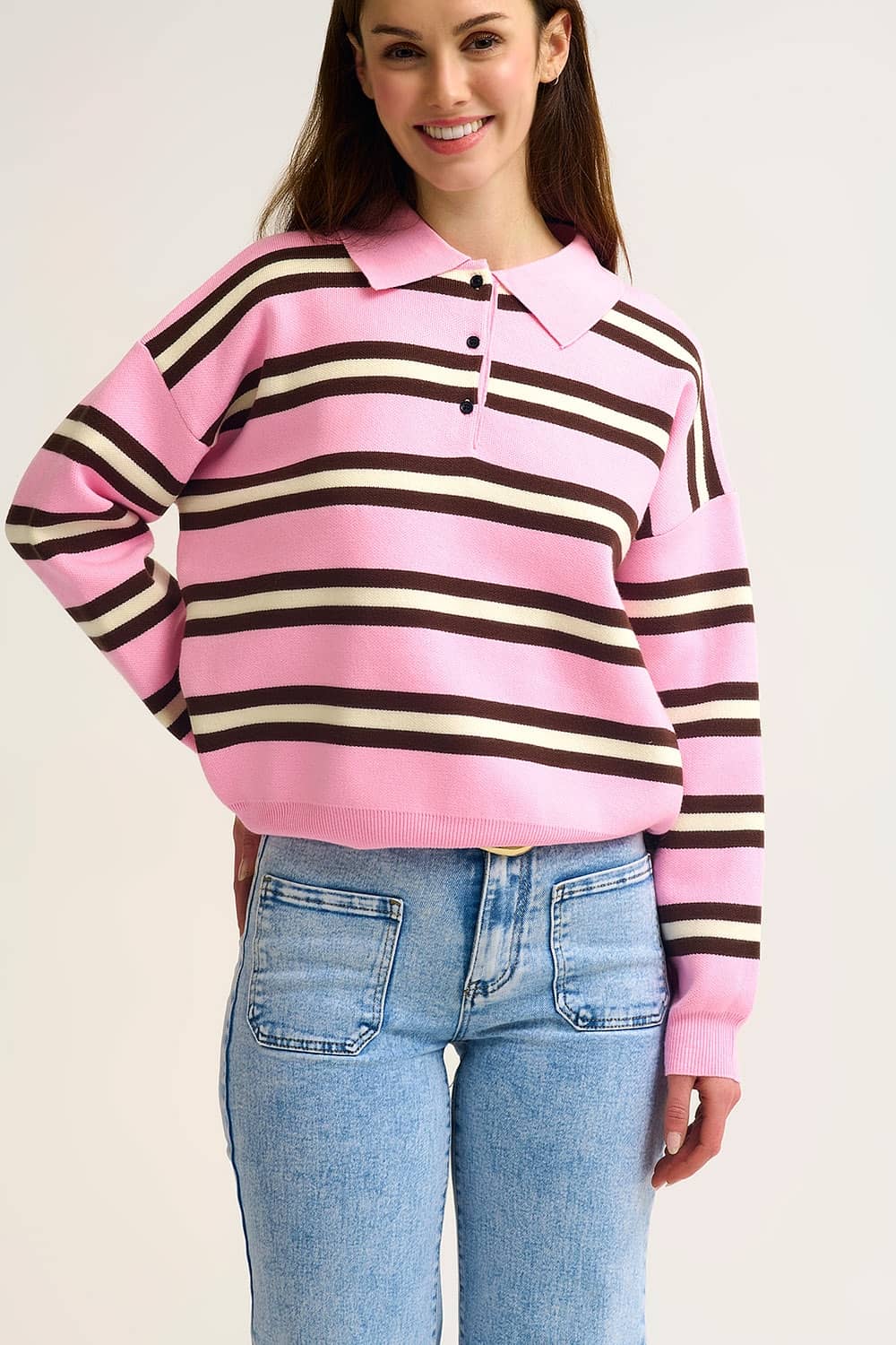 Pink Striped Knit Polo Sweater with Relaxed Fit - Polos