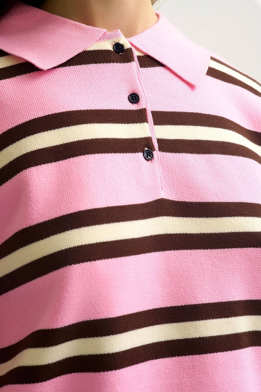Pink Striped Knit Polo Sweater with Relaxed Fit - Polos