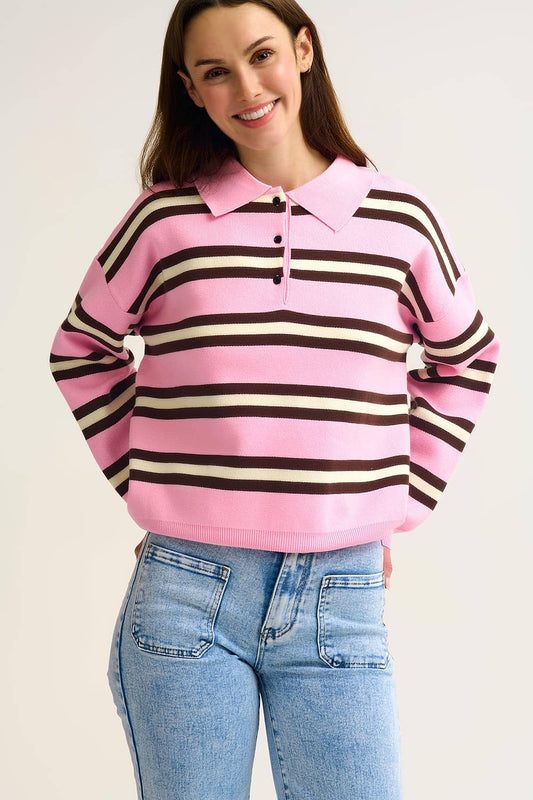 Pink Striped Knit Polo Sweater with Relaxed Fit - Polos