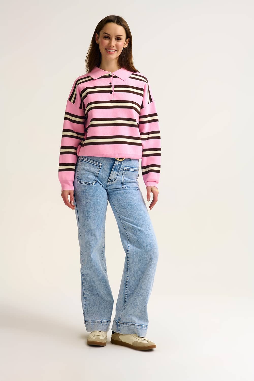 Pink Striped Knit Polo Sweater with Relaxed Fit - Polos