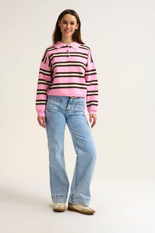 Pink Striped Knit Polo Sweater with Relaxed Fit - Polos