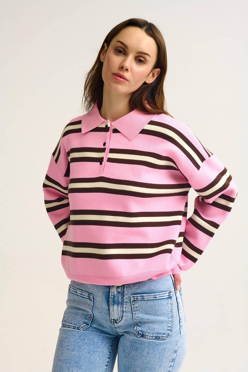 Pink Striped Knit Polo Sweater with Relaxed Fit - Polos