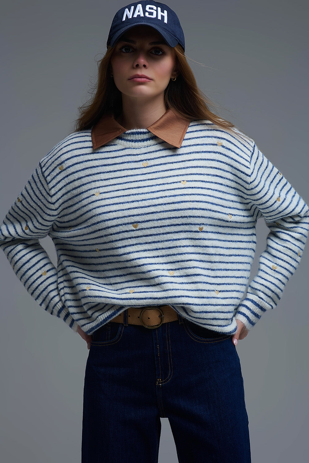 Knit Sweater with Blue Stripes and gold Heart embroidered - Sweaters