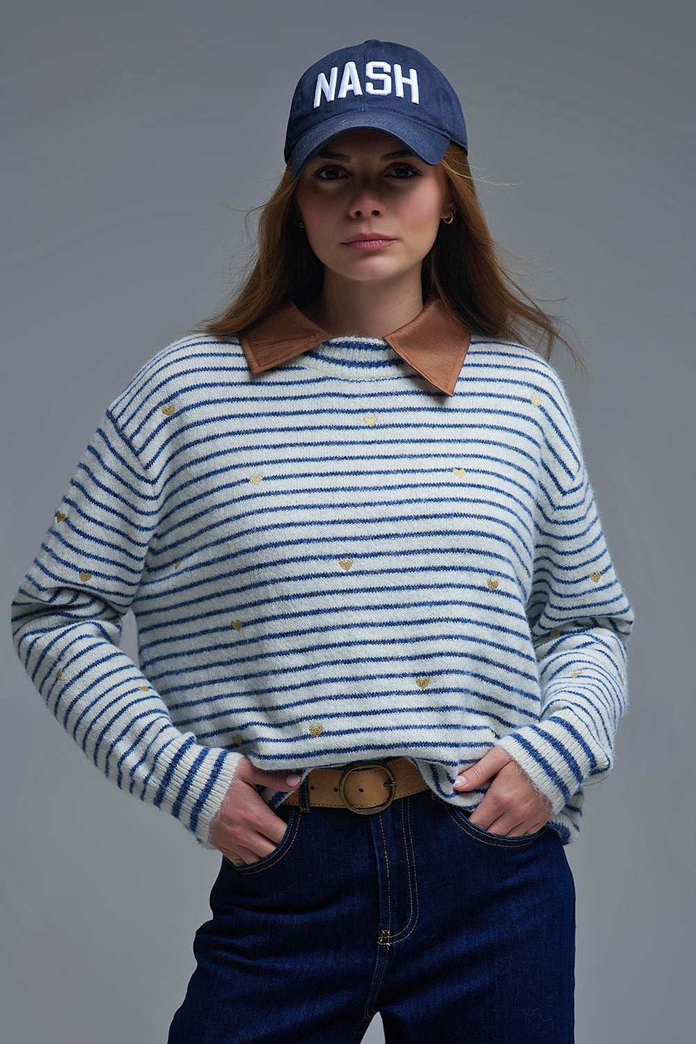 Knit Sweater with Blue Stripes and gold Heart embroidered - Sweaters