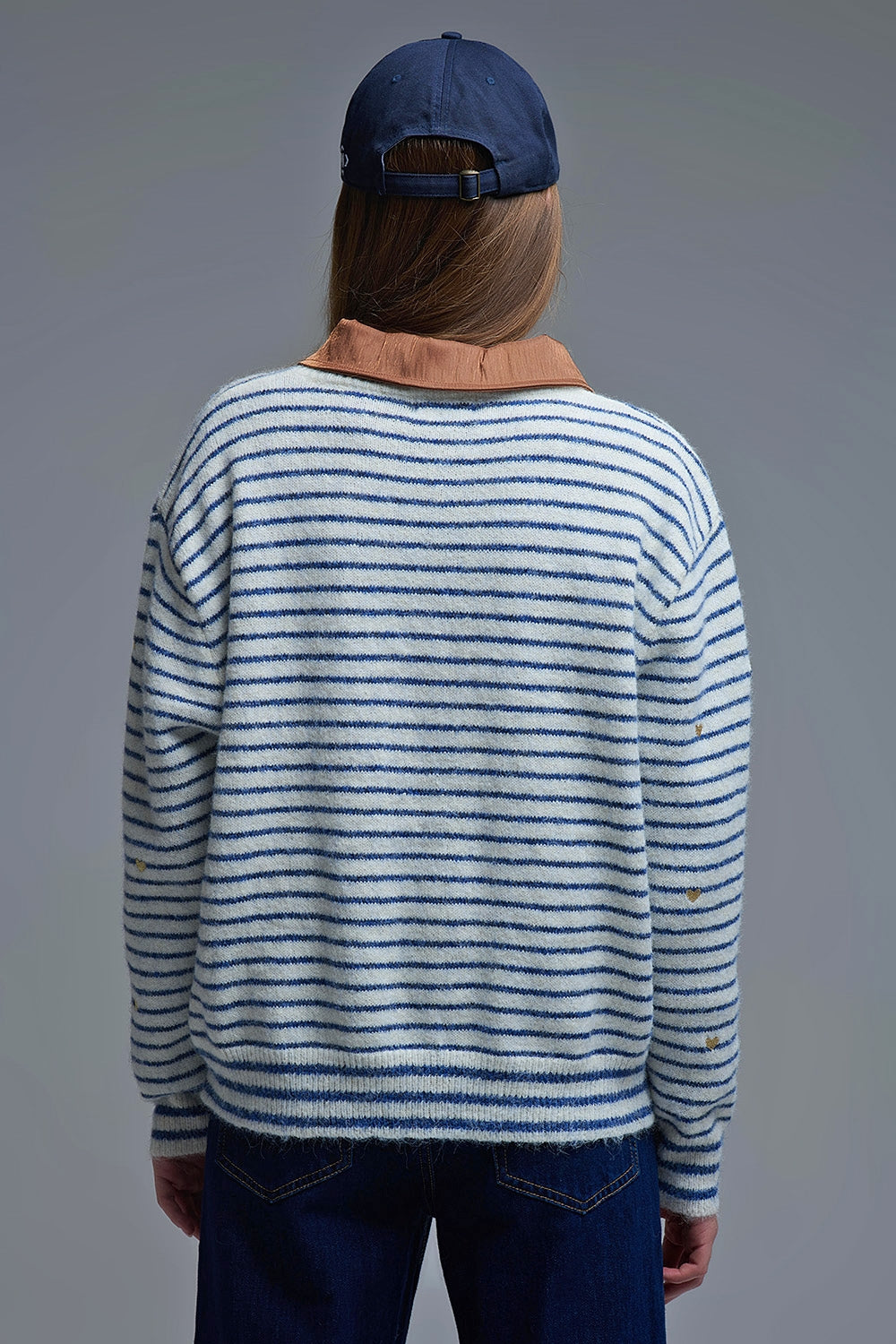 Knit Sweater with Blue Stripes and gold Heart embroidered - Sweaters