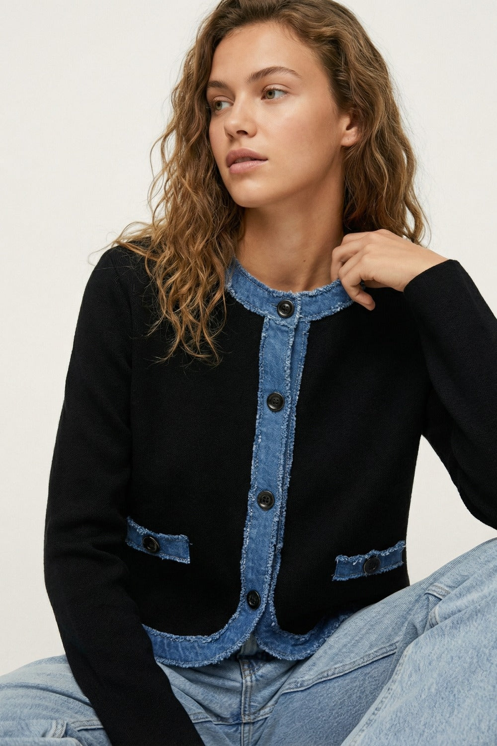 Black knitted cardigan with Denim Trim Detail - Cardigans