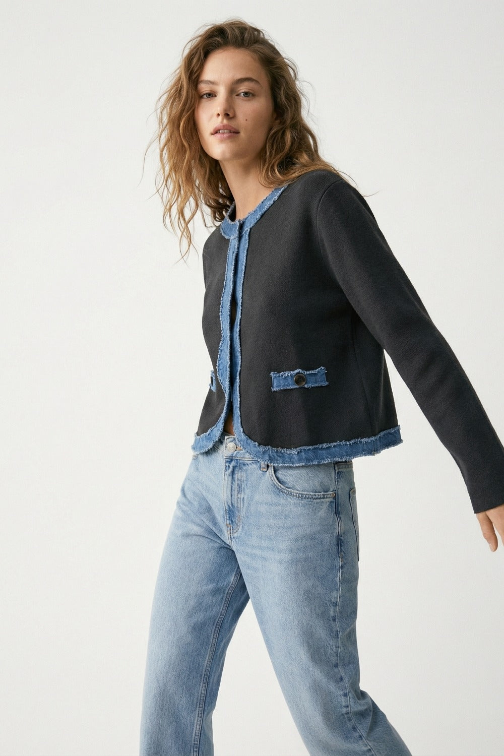 Black knitted cardigan with Denim Trim Detail - Cardigans