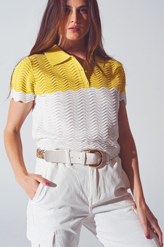 Knitted Colour Block Cropped Polo in White and Yellow - Polos