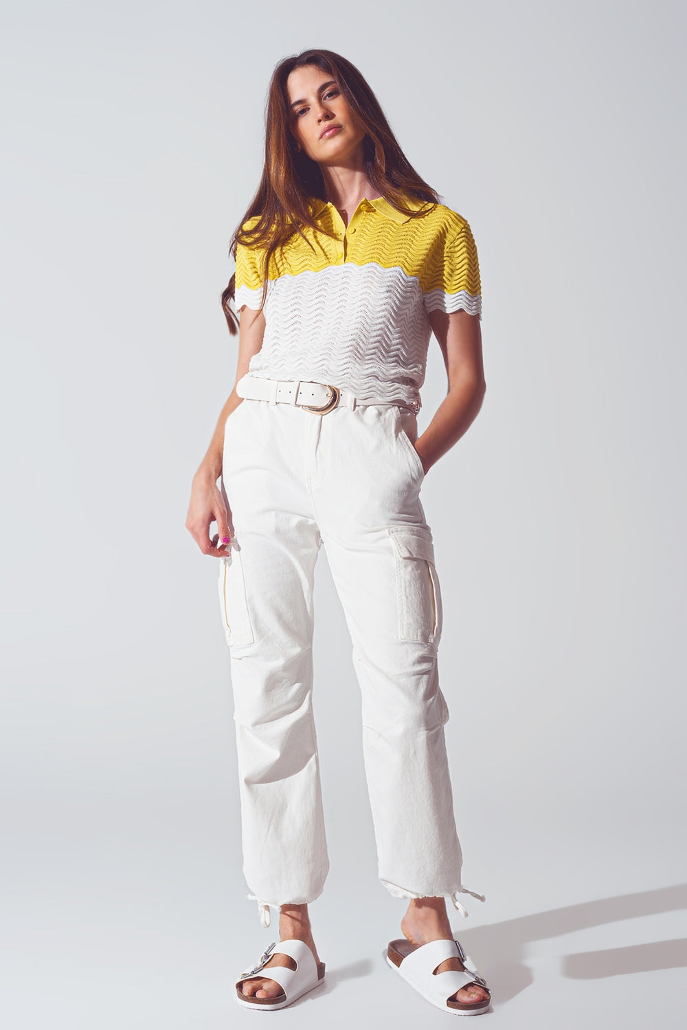 Knitted Colour Block Cropped Polo in White and Yellow - Polos