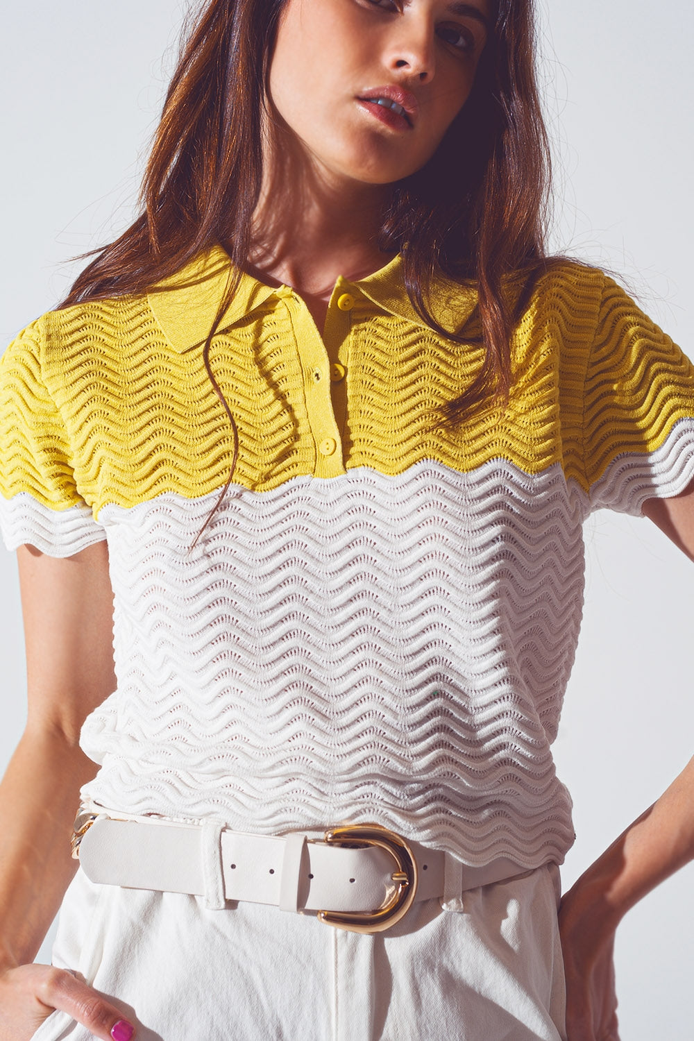 Knitted Colour Block Cropped Polo in White and Yellow - Polos