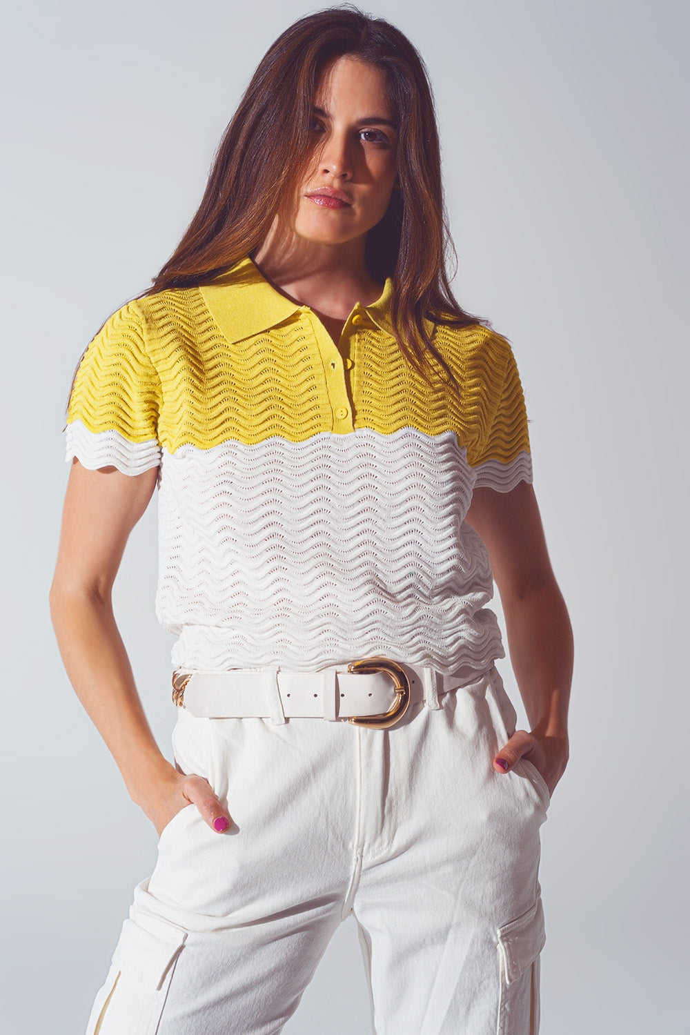 Knitted Colour Block Cropped Polo in White and Yellow - Polos