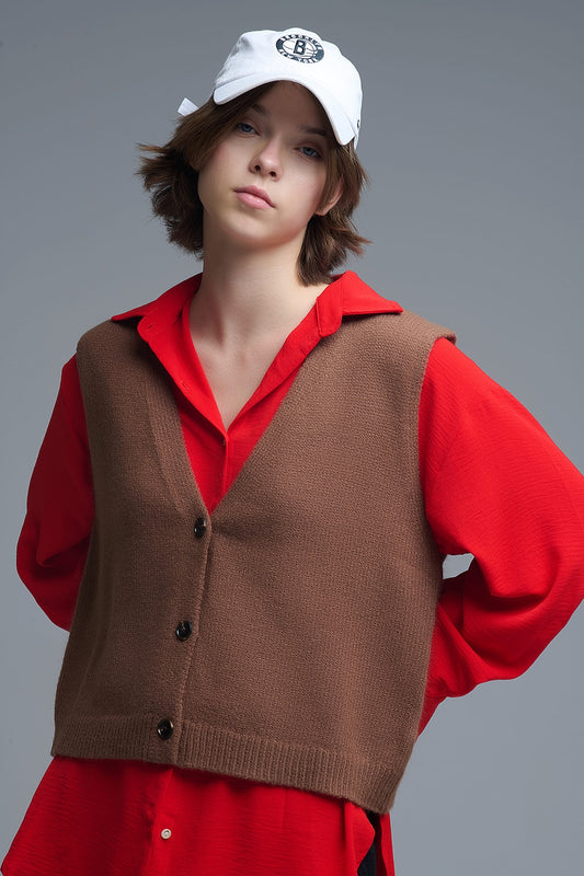 Knitted Cropped Vest in Chocolate Brown - Sweaters