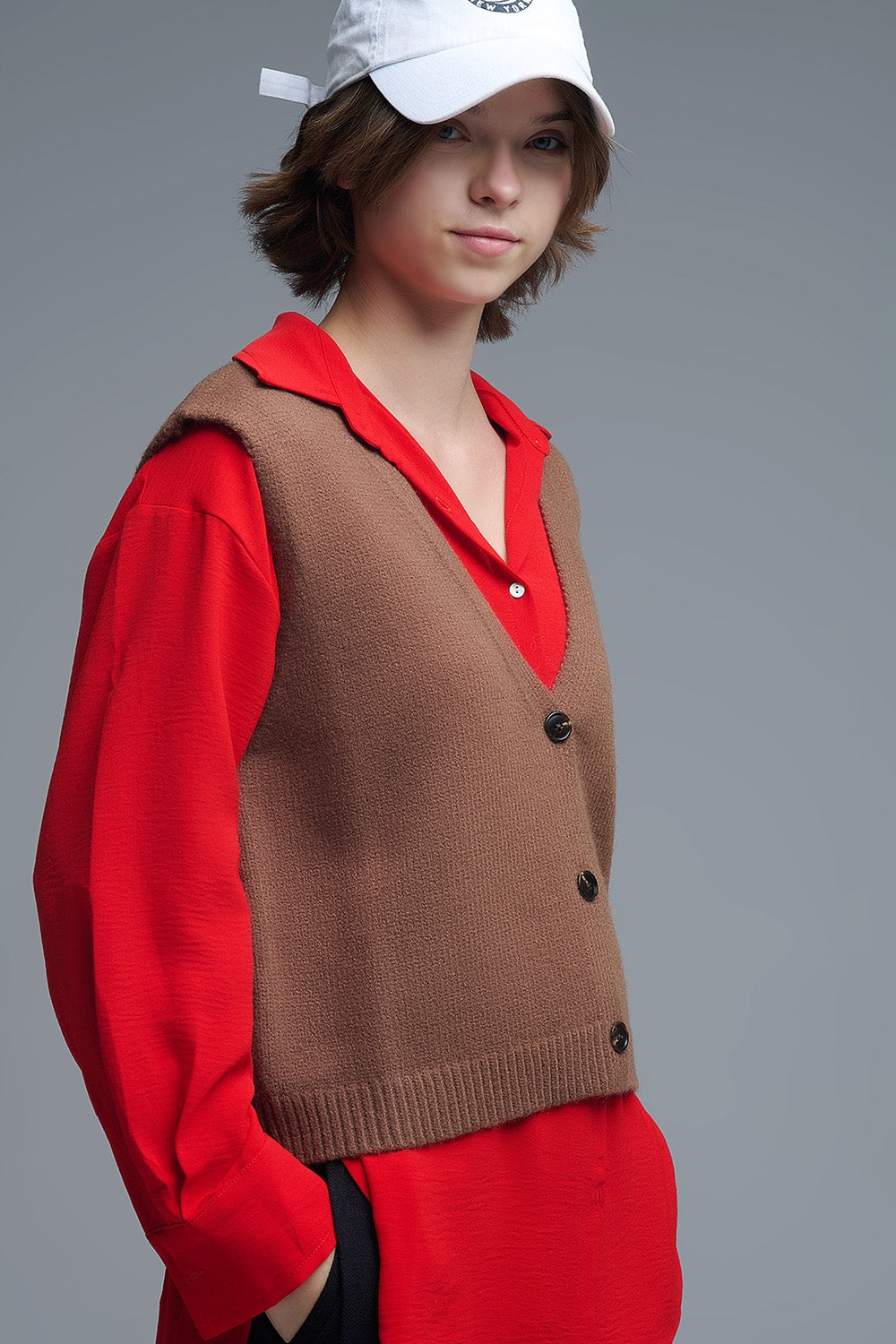 Knitted Cropped Vest in Chocolate Brown - Sweaters