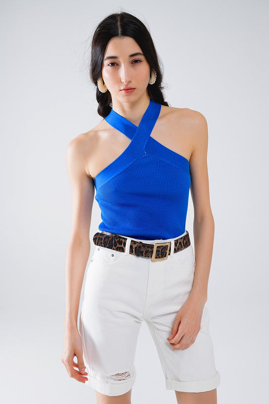 Knitted Cross Front Cropped Top in Blue - Jumpers