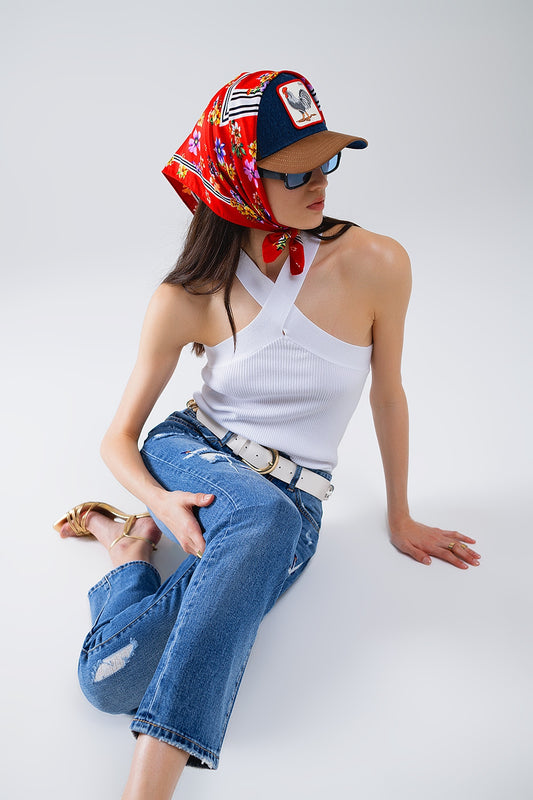 Knitted Cross Front Cropped Top in White - Jumpers