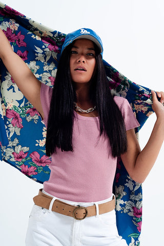 Knitted fit rib crew neck sweater in pink