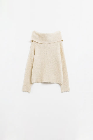 knitted fluffy boat neck sweater in cream