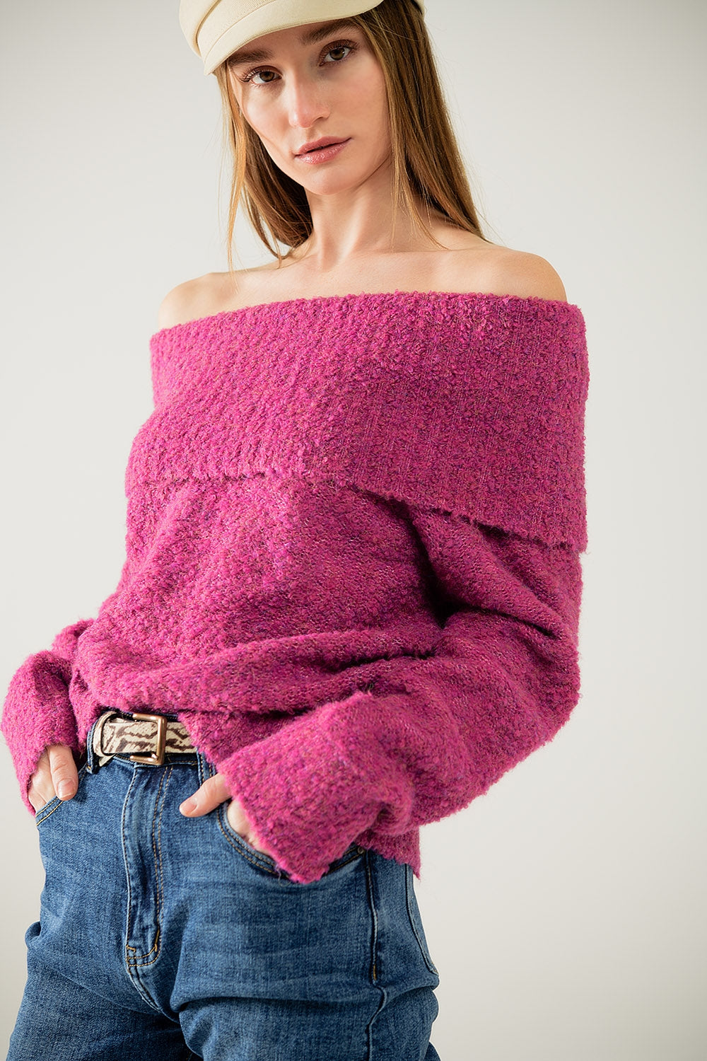 knitted fluffy boat neck sweater in fucsia - Sweaters
