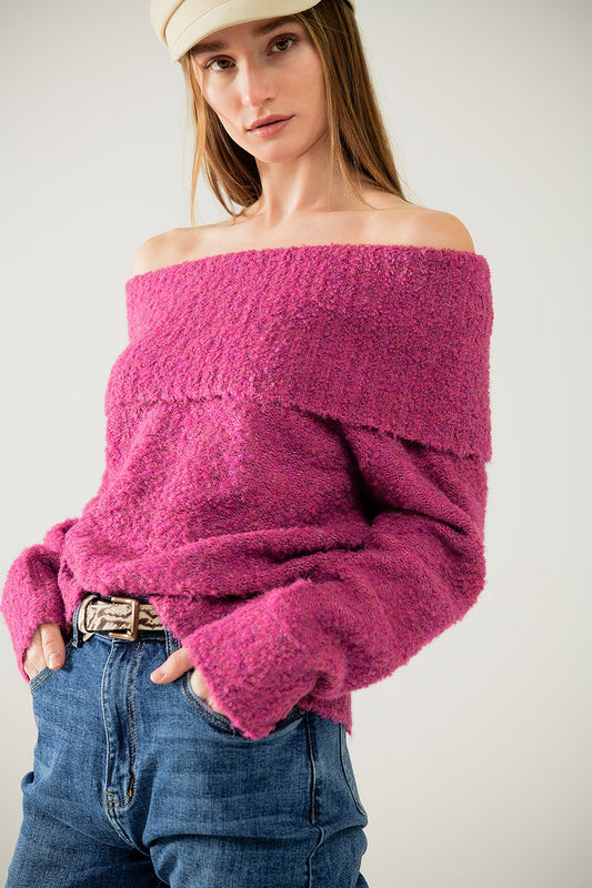knitted fluffy boat neck sweater in fucsia - Sweaters