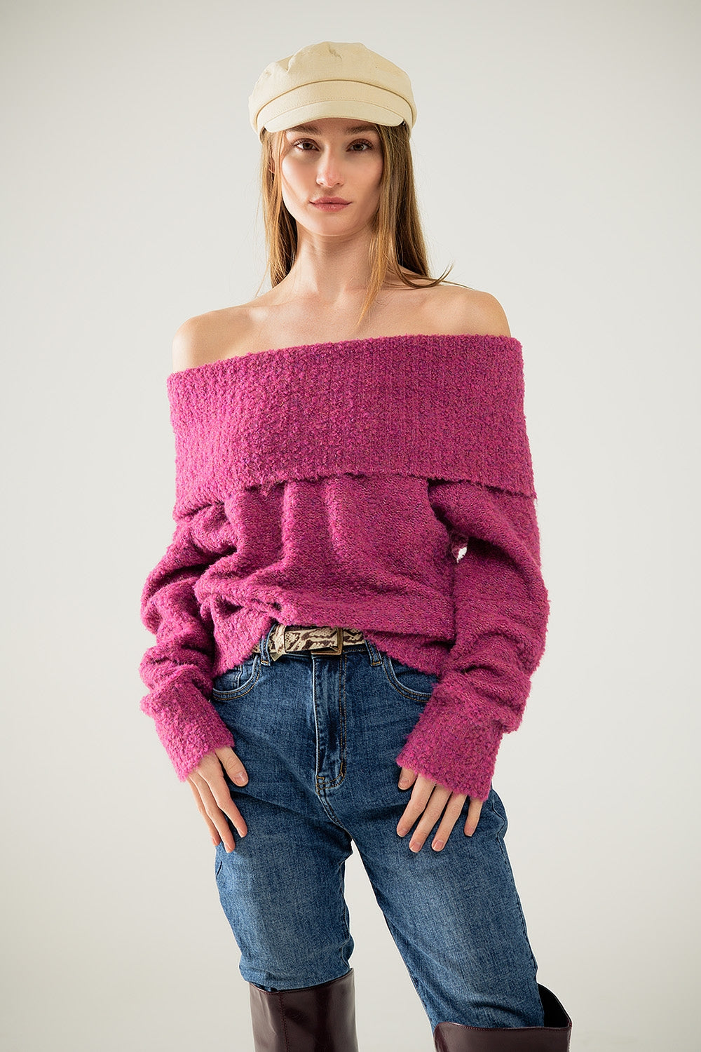 knitted fluffy boat neck sweater in fucsia - Sweaters