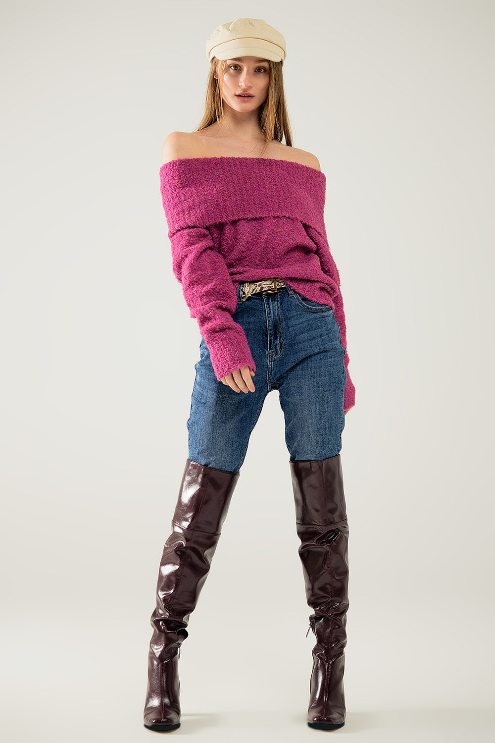 knitted fluffy boat neck sweater in fucsia - Sweaters