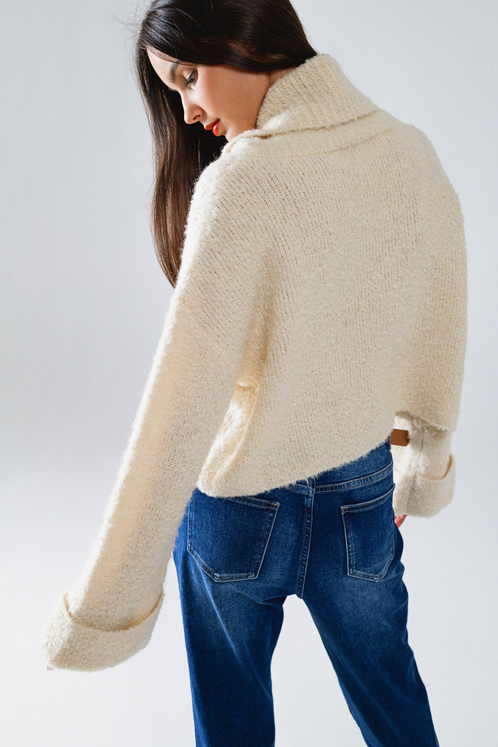 knitted fluffy high neck sweater in cream - Jumpers