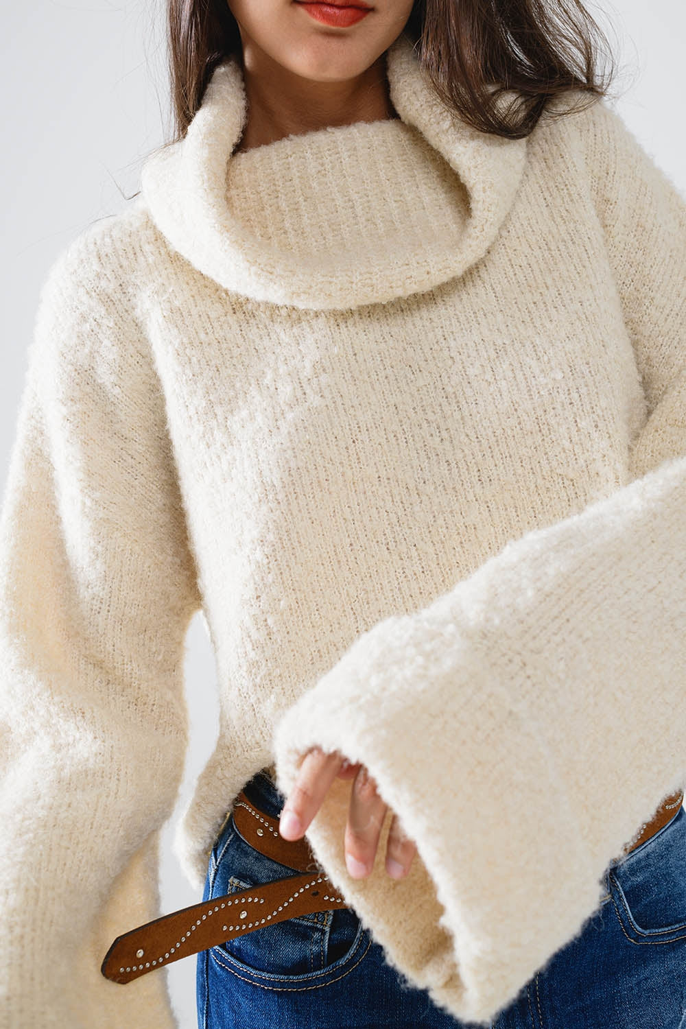 knitted fluffy high neck sweater in cream - Jumpers