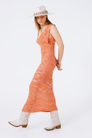 Knitted Long Dress With Chest Ruffle in Melange Orange