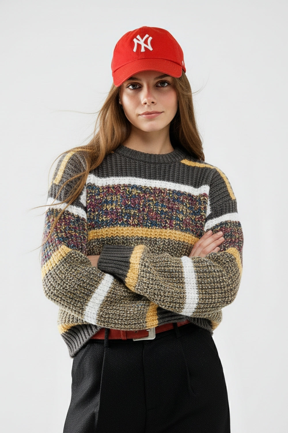knitted long sleeve sweater in stripe with multiple colors - Sweaters