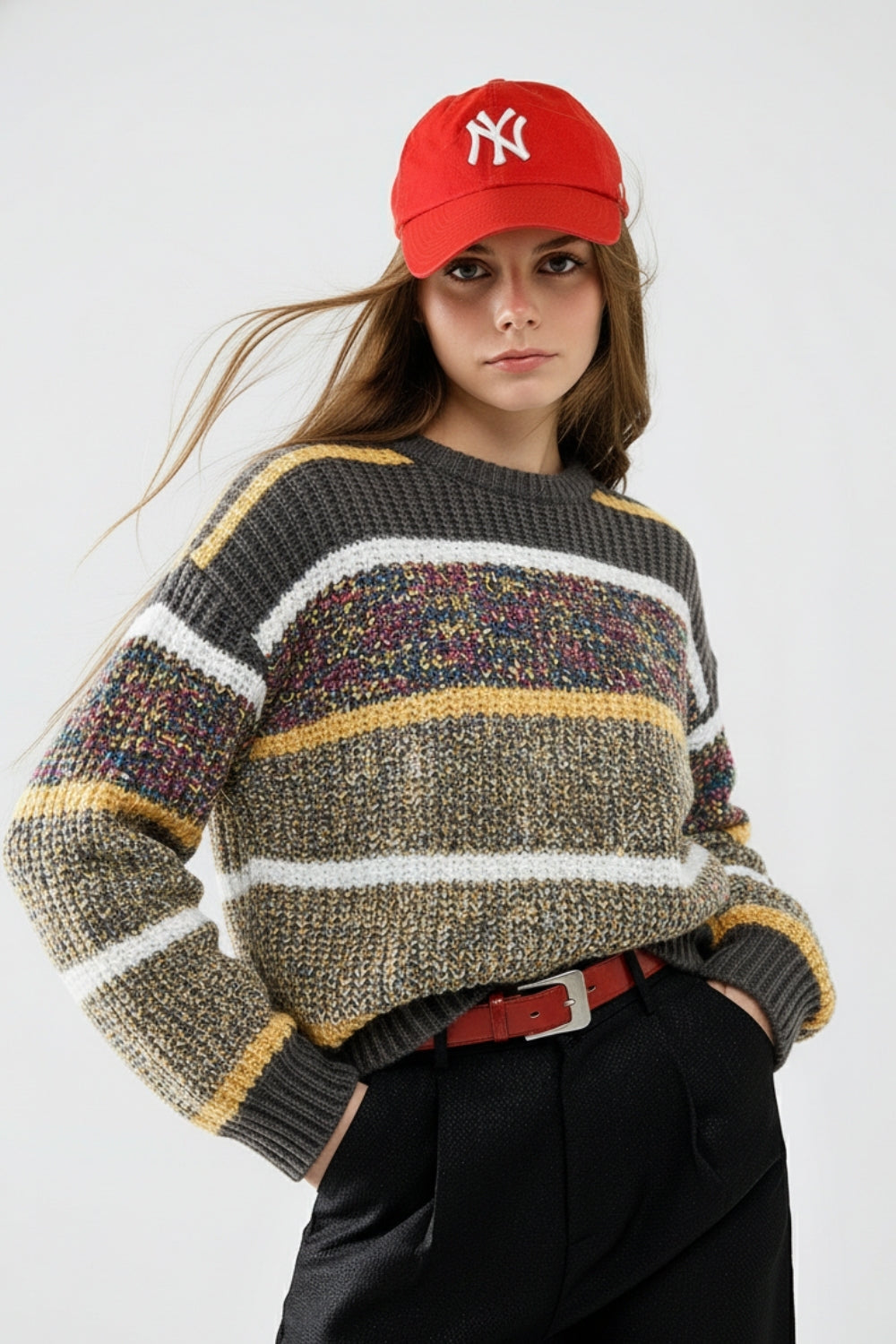 knitted long sleeve sweater in stripe with multiple colors - Sweaters