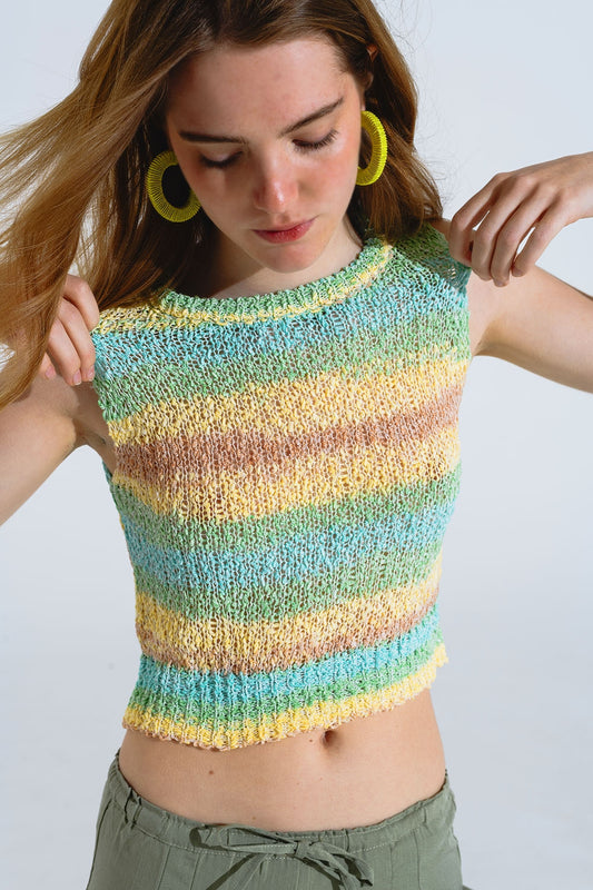 Knitted Multicolor Sleeveless Sweater With Stripes and Crew Neckline - Jumpers